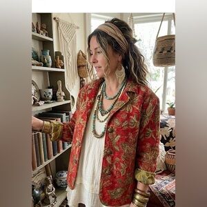 ERIN LONDON Vintage Boho Tapestry Jacket XL Red Gold Floral Chenille Blaze